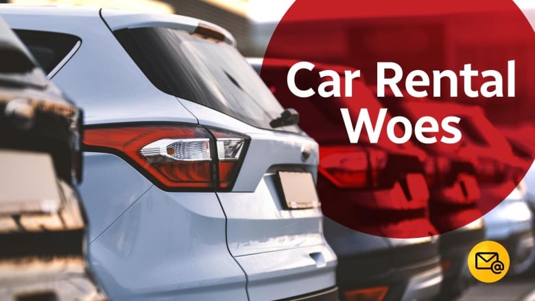 The text "car rental woes" over an image of a car.