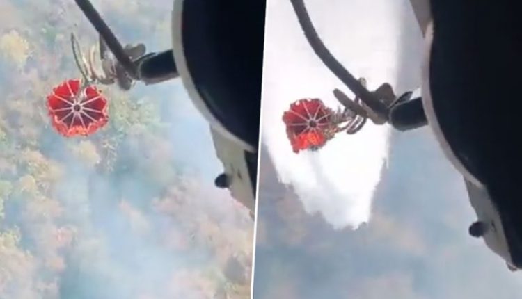IAF Helicopter Dispenses Over 25000 Litres Of Water Over Forest Fire Affected Areas in Goa (Watch Video)