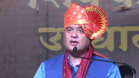 Assam chief minister Himanta Biswa Sarma addressing an event at Shivaji Maharaj Garden in Karnataka’s Belgavi on Thursday.(ANI)