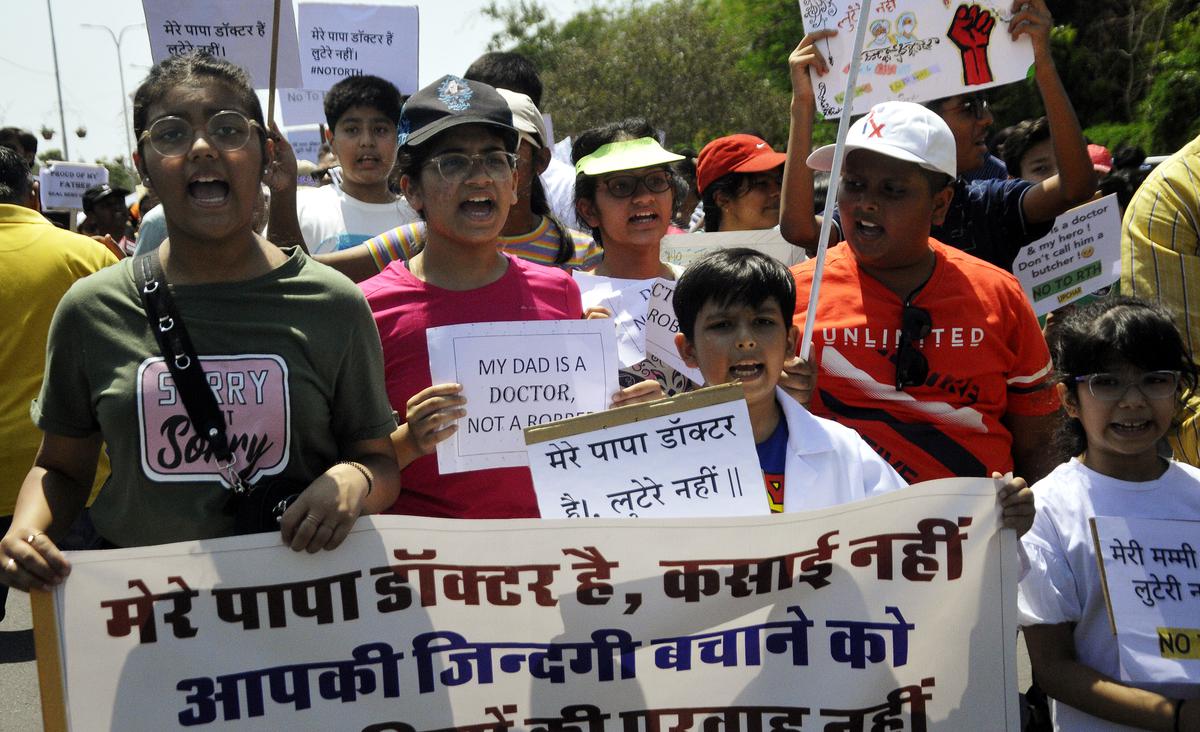 Family members of doctors working in the private sector take part in rally in Jaipur.