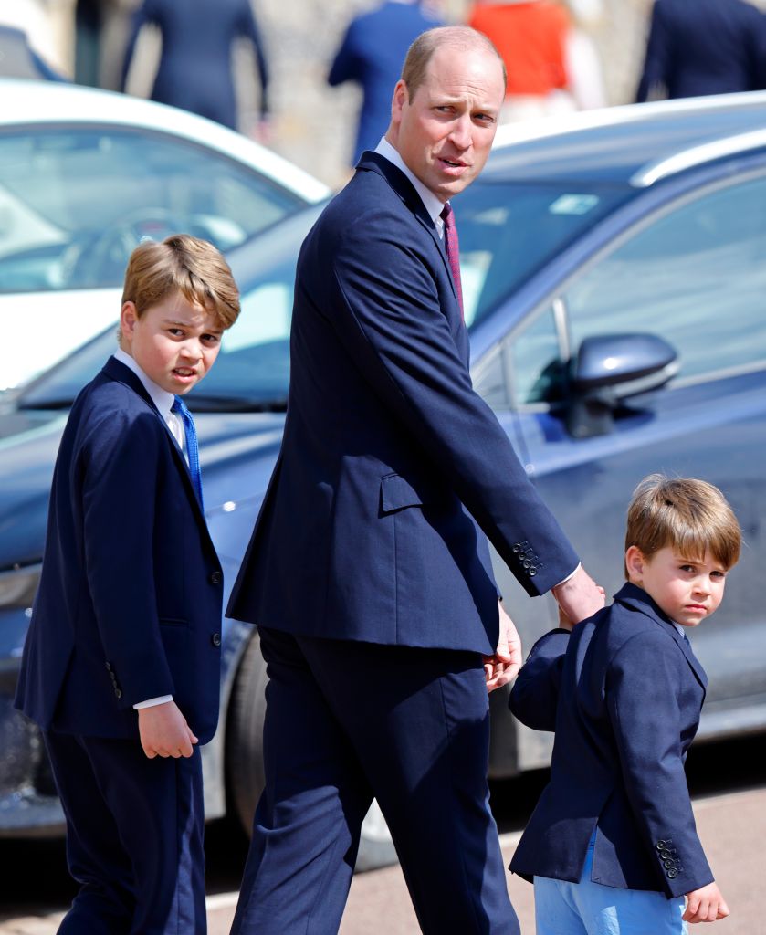 Prince George of Wales, Prince William, Prince of Wales and Prince Louis of Wales attend the traditional Easter Sunday Mattins Service at St George’s Chapel, Windsor Castle on April 9, 2023 in Windsor, England. (Photo by Max Mumby/Indigo/Getty Images)