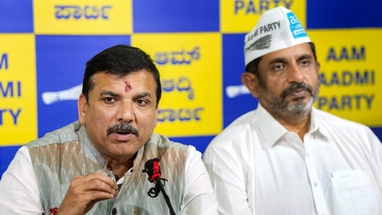 AAP MP Sanjay Singh and Karnataka AAP President Prithvi Reddy addressing a press conference in Bengaluru.(PTI)