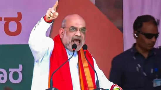 Union Home Minister Amit Shah addresses public meeting ahead of Karnataka Assembly elections in Bagalkot on Tuesday.(PTI)