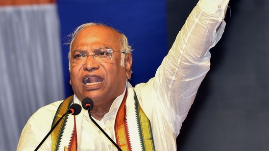 Congress President Mallikarjun Kharge addresses a public meeting ahead of Assembly polls, in Hubballi, Karnataka, (PTI)