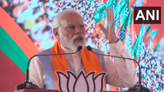 Prime Minister Narendra Modi addresses a public gathering in Karnataka's Chitradurga on Tuesday.