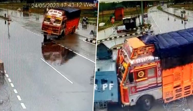 Jammu and Kashmir Road Accident Video: Speeding Truck Rams Into CRPF Vehicle in Awantipora