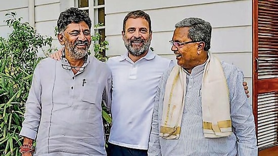 Karnataka CM Siddaramaiah and deputy CM DK Shivakumar meet Congress leader Rahul Gandhi in New Delhi. (PTI)