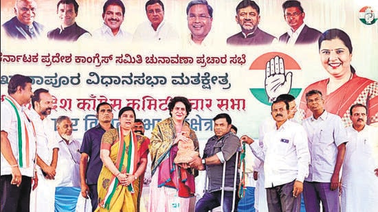 Congress general secretary Priyanka Gandhi Vadra during a public meeting in Belagavi’s Khanapur on Sunday. (Karnataka Congress Twitter)