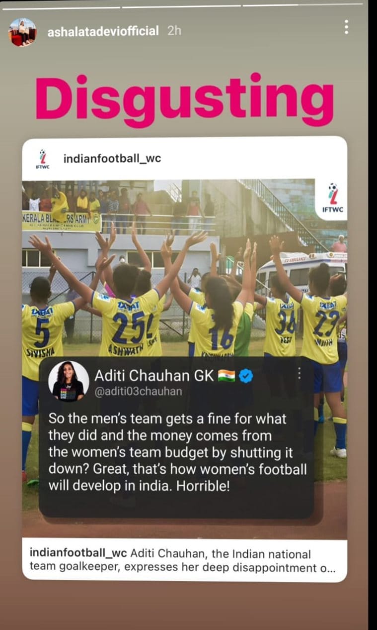 Screenshot of Ashalata Devi's Instagram story on Kerala Blasters statement