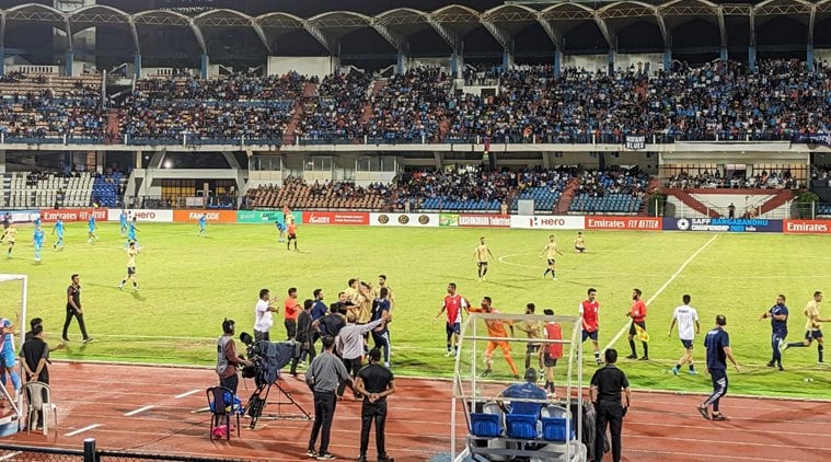 Kuwait goalkeeper Bader M A M A Bin Saanoun makes angry gesture at Indian players and staff sitting in the dugout during SAFF Championship.(HT Photo/Shivam Saha)