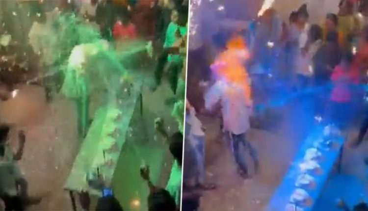 Birthday Boy Catches Fire During Celebration VIDEO: Shocking Viral Clip Shows Young Man Burning in Flames While Cutting Cake in Wardha (Watch)