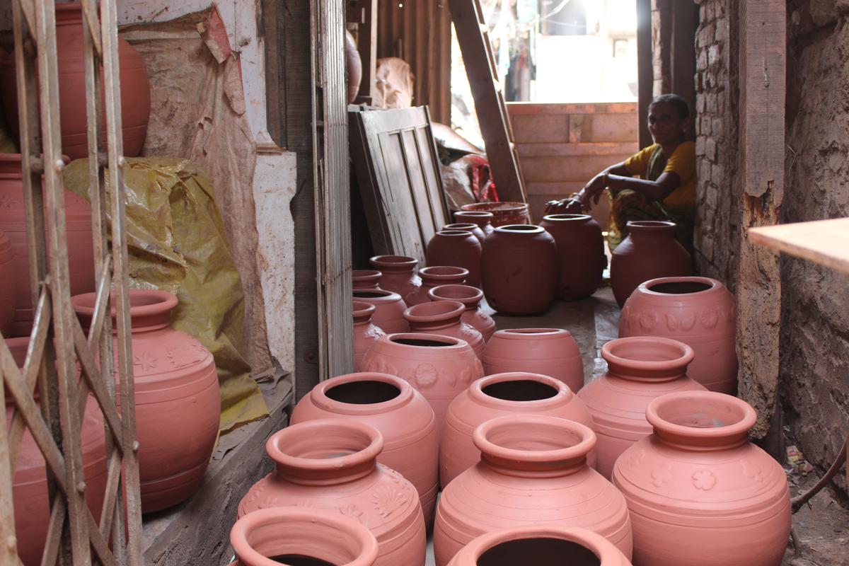 Pots stacked up in Dharavi’s potters’ colony