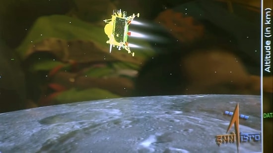 A view of the Chandrayaan-3 lander Vikram to touchdown on the Moon's South Pole, on Wednesday. (ANI) A view of the Chandrayaan-3 lander Vikram to touchdown on the Moon's South Pole, on Wednesday. (ANI)