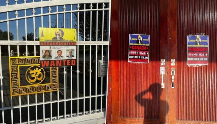 Hindu Temple Desecrated in Canada Video: Pro-Khalistan Supporters Vandalise Lakshmi Narayan Mandir in Surrey With Anti-India Graffiti, 'Wanted' Posters of Indian Embassy Officials Pasted on Gate