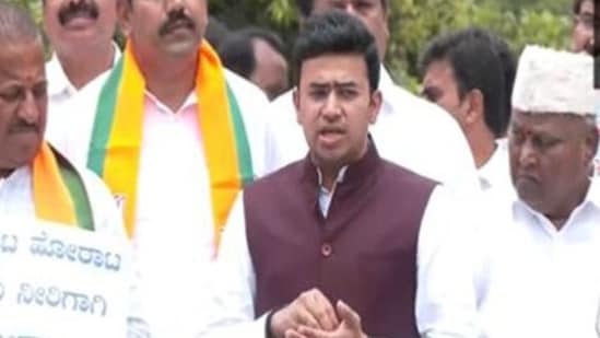 Former CM BS Yediyurappa, MP Tejasvi Surya and others staged a sit-in against the Karnataka government over the Cauvery water-sharing issue near the Gandhi statue in Bengaluru today.(ANI)