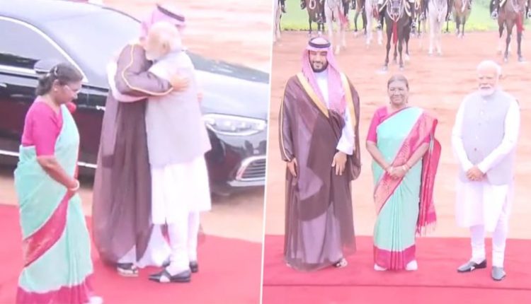 Saudi Arabia Crown Prince Mohammed bin Salman Al Saud Attends Ceremonial Reception at Rashtrapati Bhavan, Shares Hug With PM Narendra Modi (Watch Video)