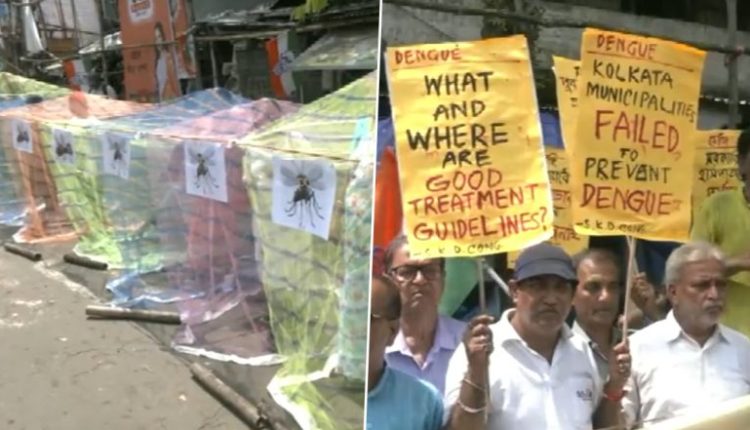 West Bengal: Congress Stages Unique Protest Against Surge of Dengue Cases in State, Workers Cover Themselves With Mosquito Nets in Kolkata (Watch Video)