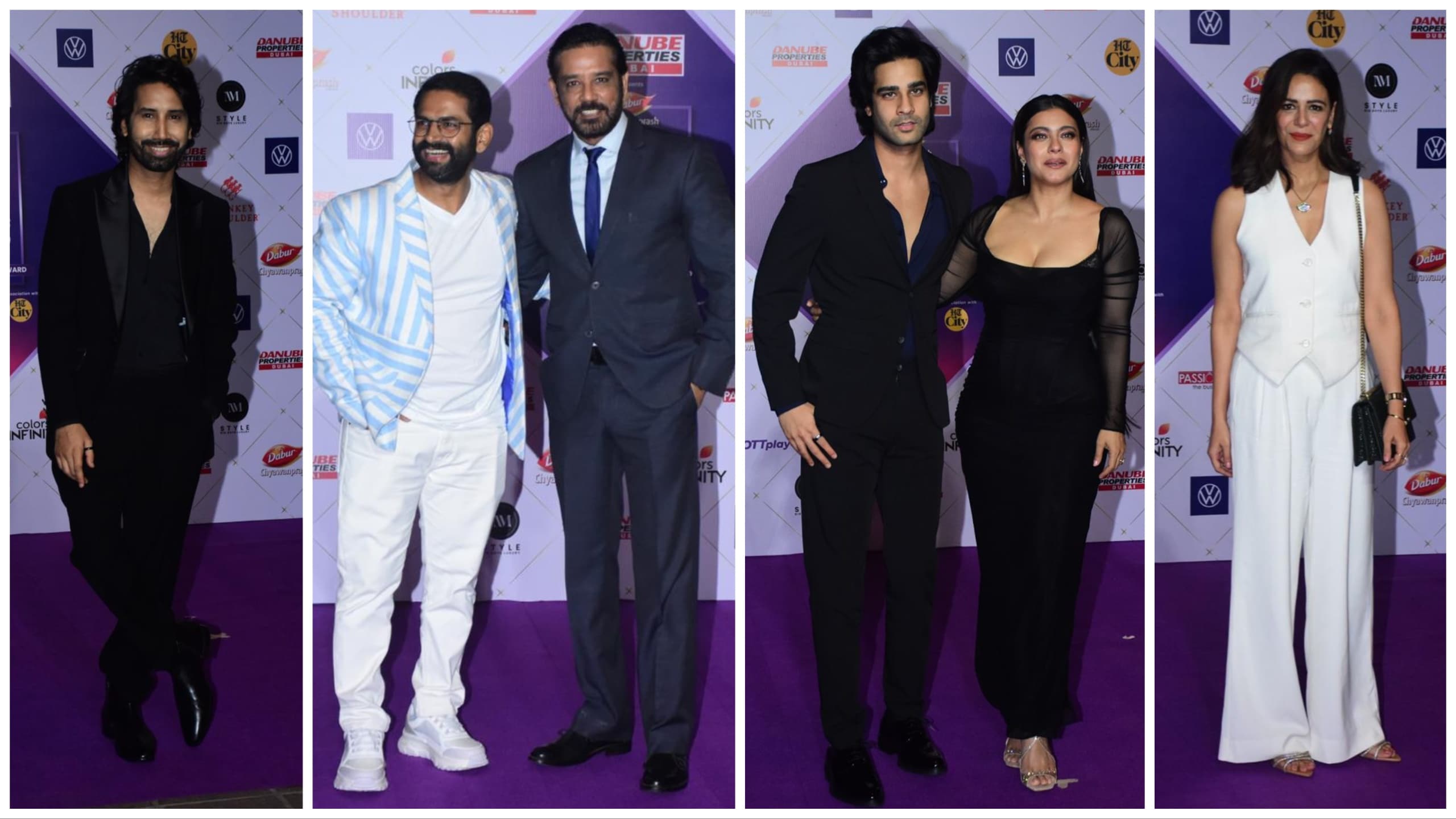 Abhilash Thapaliyal, Sharib Hashmi, Kajol with Aaman Devgan and Mona Singh at event.