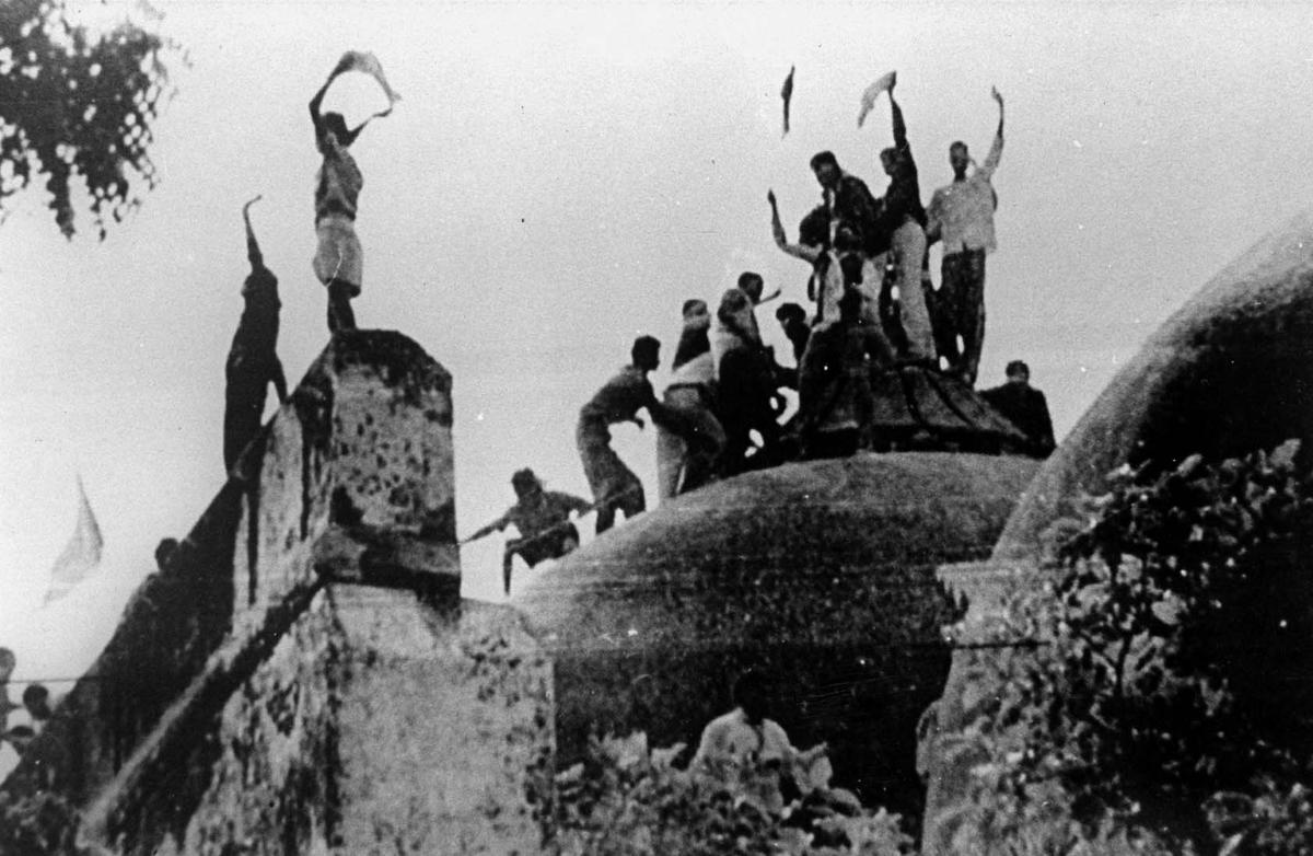 Mobs atop the Babri Masjid on December 6, 1992.