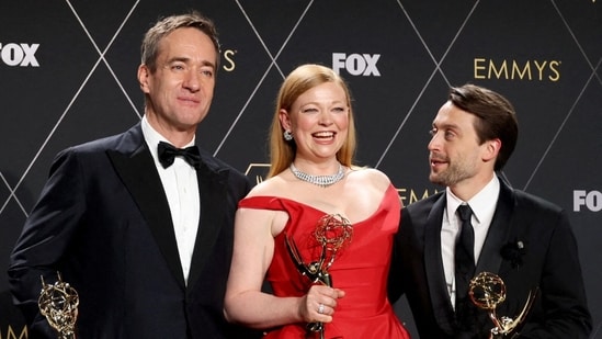 Matthew Macfadyen, Sarah Snook and Kieran Culkin pose together at the 75th Primetime Emmy Awards on January 15, 2024. (REUTERS)