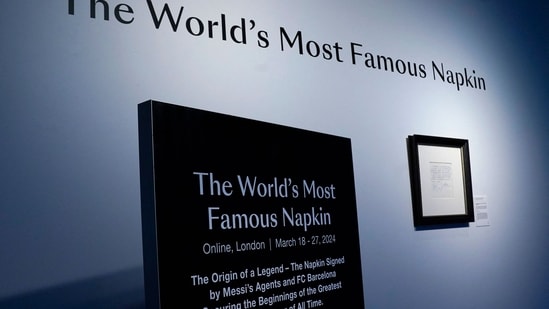 A napkin on which was written the first promise of a contract to secure 13-year-old Lionel Messi for FC Barcelona, is on display at Bonhams, New York, on March 5, 2024. The napkin written by Barcelona's Sporting Director Carles Rexach on December 14, 2000, will be sold during an online auction by the Bonhams auction house from March 18-27. (AFP)