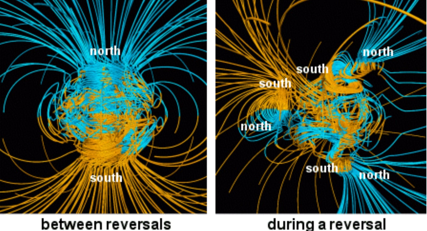 North Pole and South Pole during and between reversal.(NASA) North Pole and South Pole during and between reversal.(NASA)