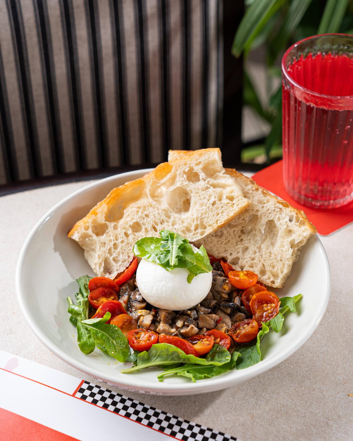 Mushroom and pesto burrata bowl.