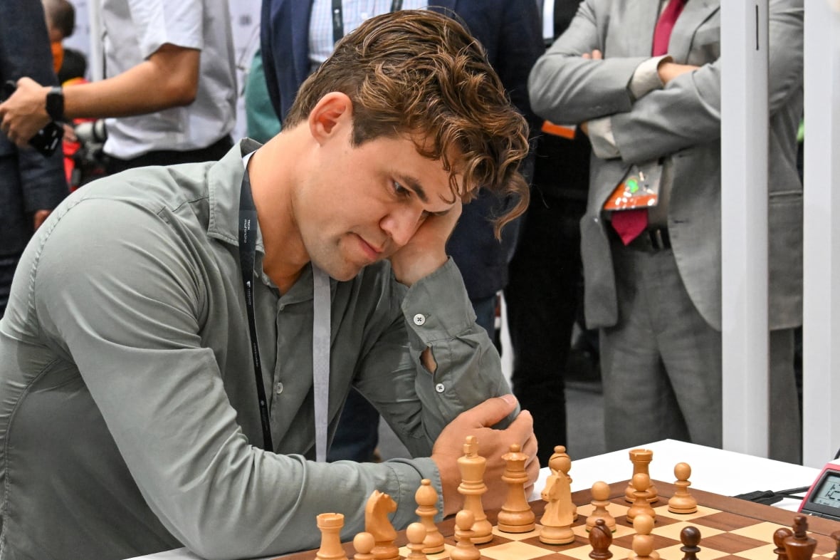 Magnus Carlsen of Norway plays during the Norway vs. Iran match.