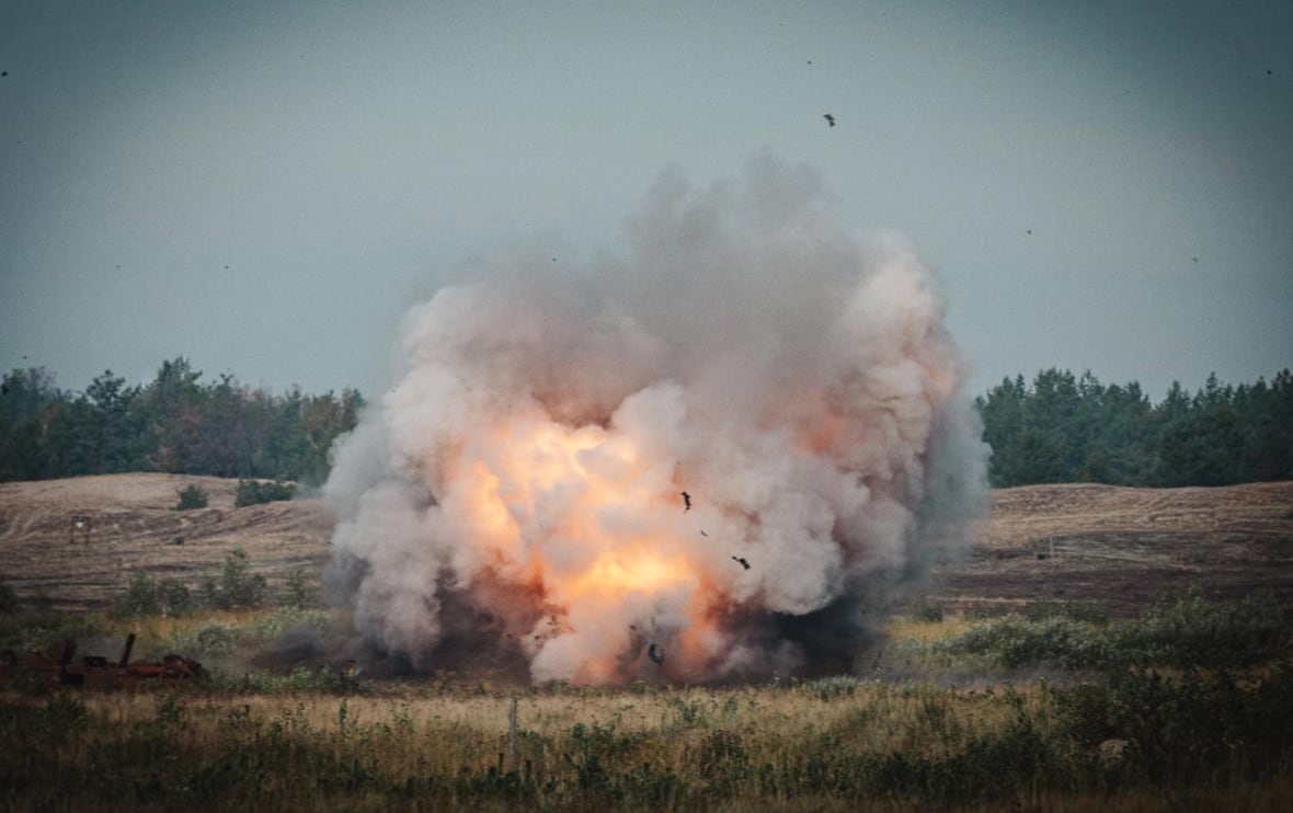 An image showing the aftermath of a blast that occurred during a demonstration involving a Ukrainian demining drone.