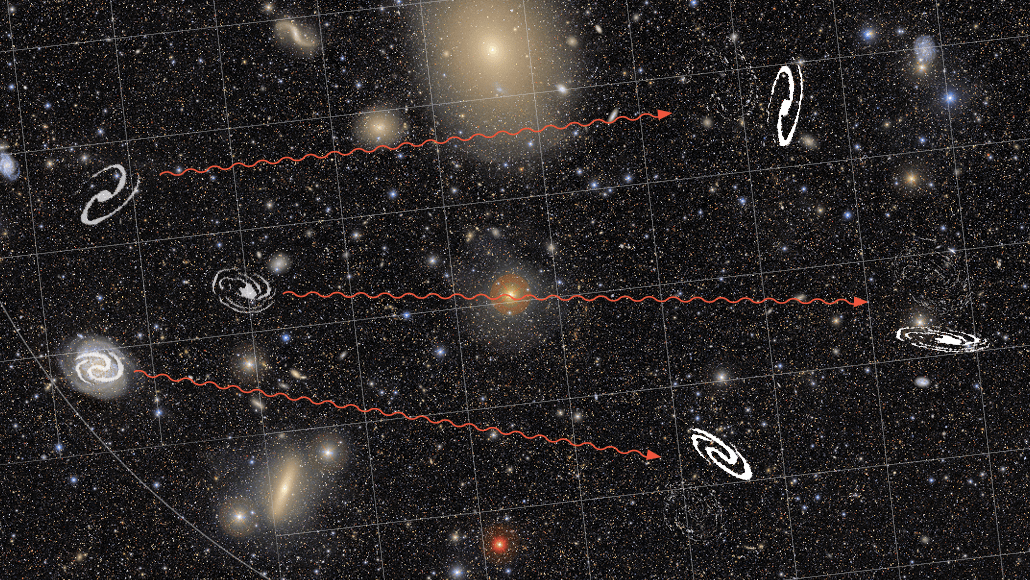 A Rubin image with an overlay illustration of galaxies being redshifted by the expansion of the universe