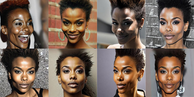 A grid of eight portrait photos showing a Black woman in various poses and lighting conditions.