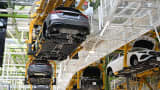 A general view of production lines at the Mercedes-Benz assembly plant on June 4, 2025 in Rastatt, Germany.