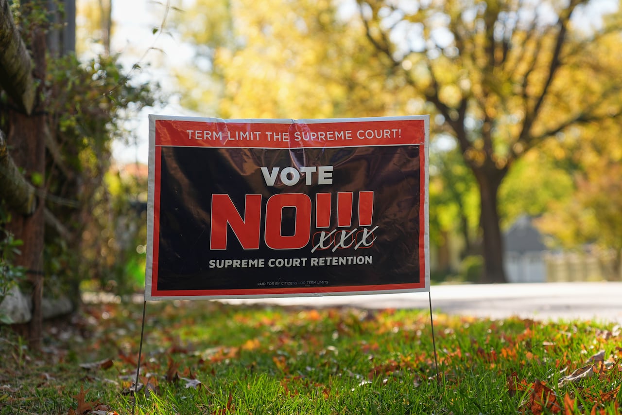 An election sign is shown in closeup on a patch of grass. The sign says "Vote No. Term Limit the Supreme Court."