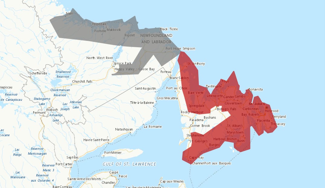 A map with much of the island of Newfoundland in red.