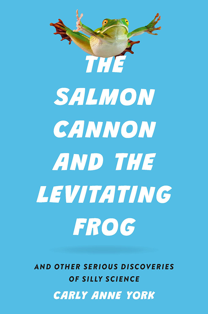 The book cover of The Salmon Cannon and the Levitating Frog, showing a leaping frog on a blue background. 