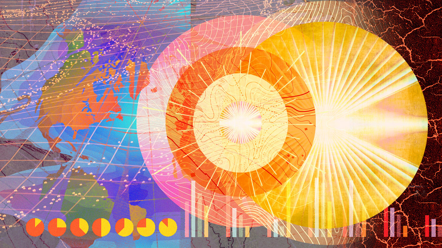 Abstract illustration of the world map, sun, and pie charts and bar charts.