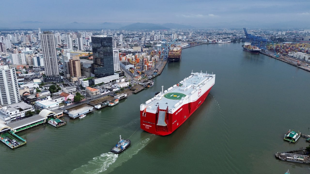 A drone view shows a BYD vessel arriving at the Itajai port in Santa Catarina, Brazil May 28, 2025. REUTERS/Anderson Cohelo