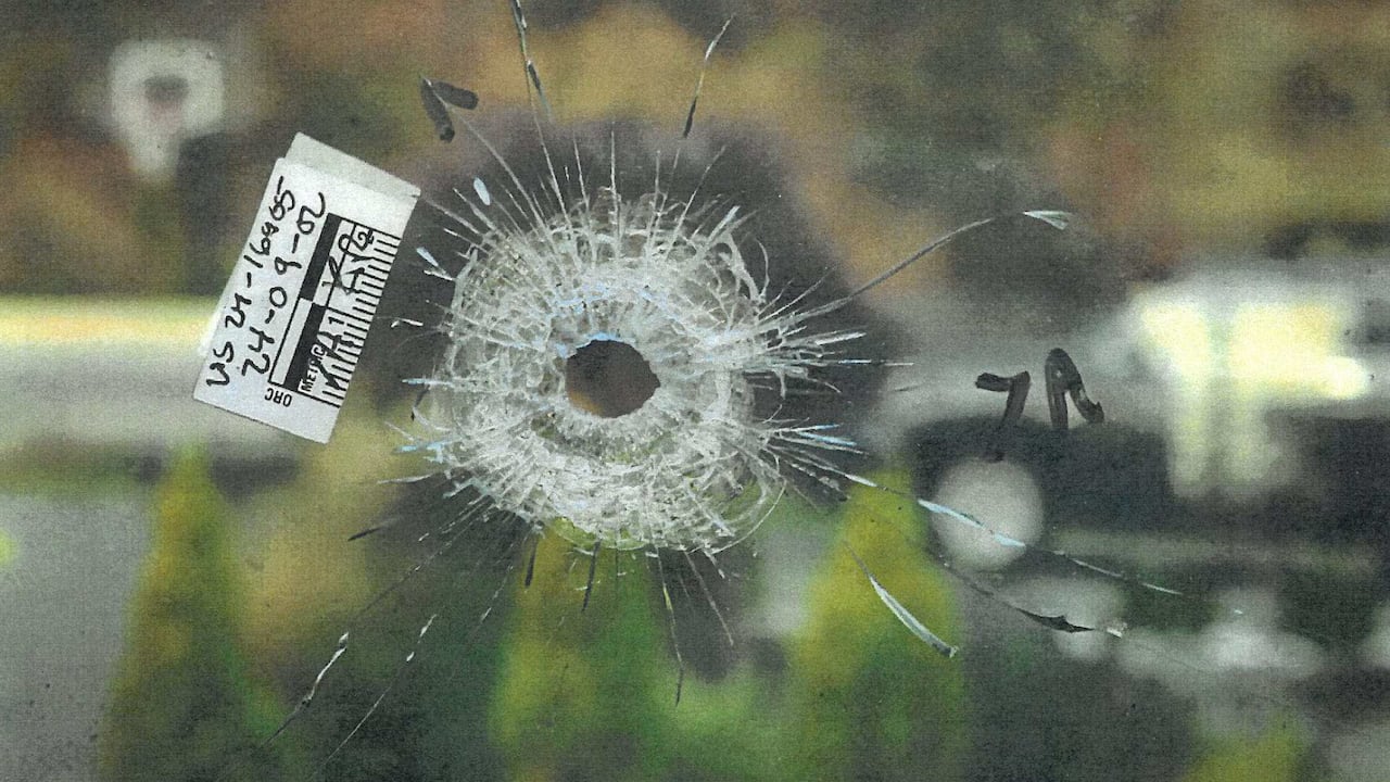 Bullet holes are seen in a pane of glass.