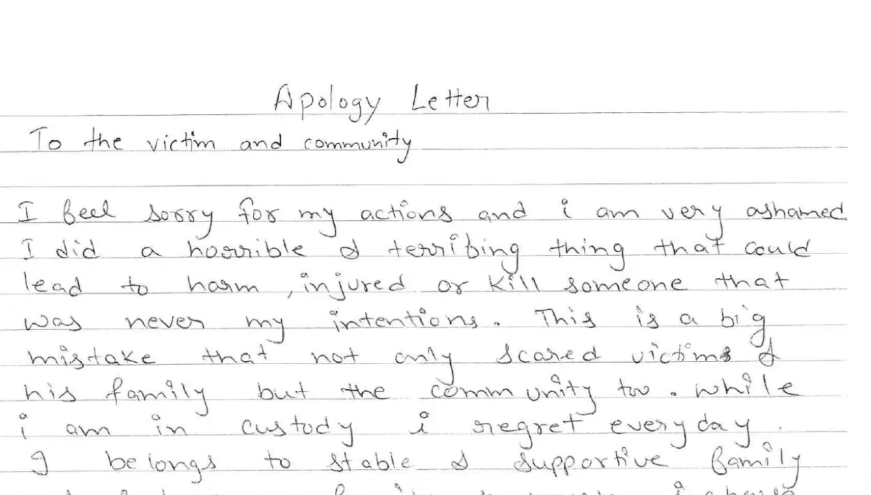 A handwritten note, reading in part: "I did a horrible and terrifying thing that could lead to harm, injured or kill someone that was never my intention."