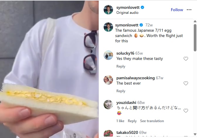 A screenshot of an  Instagram post of someone holding a sandwich