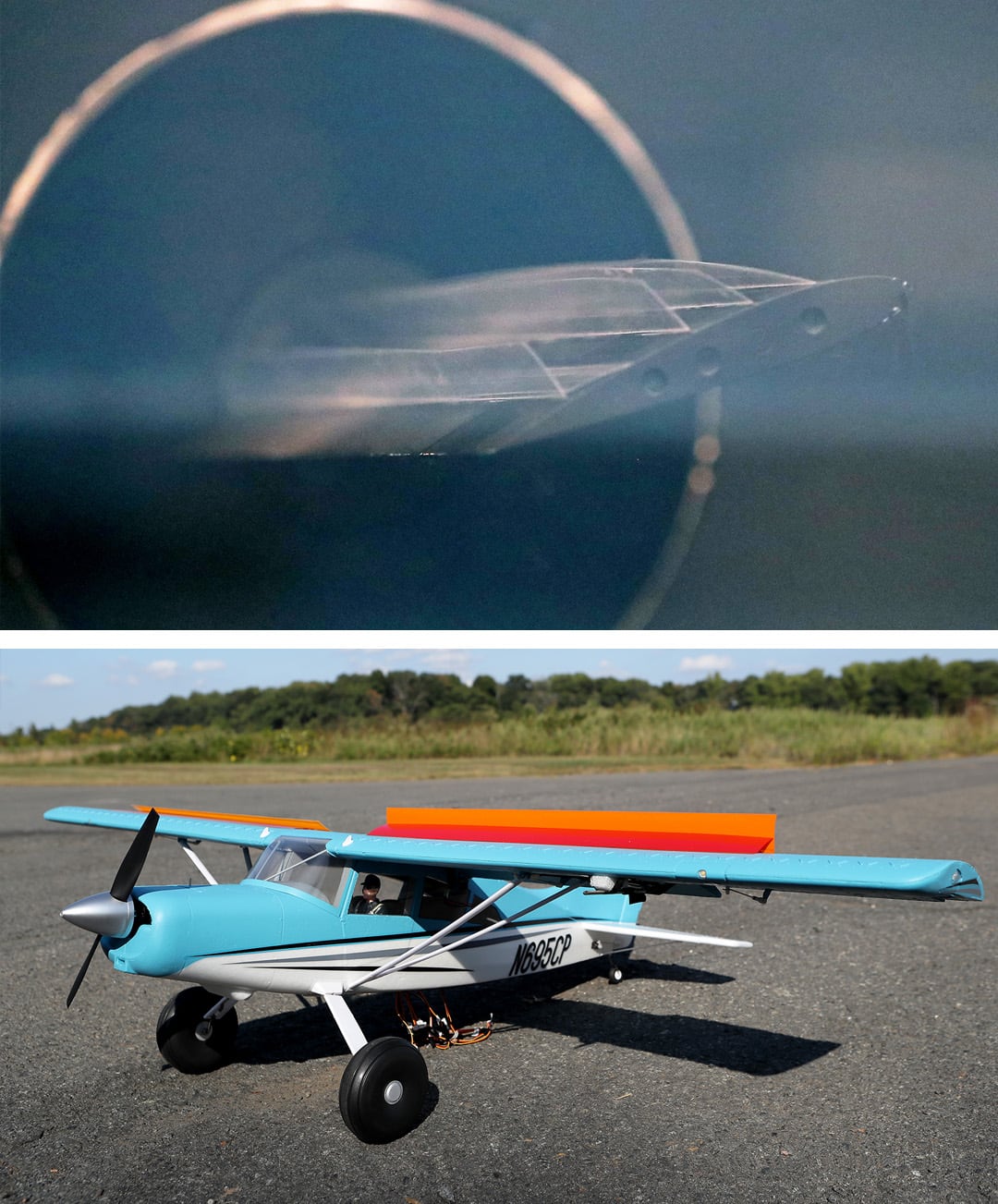 Composite image showing plastic flap on top and model plane at the bottom. 